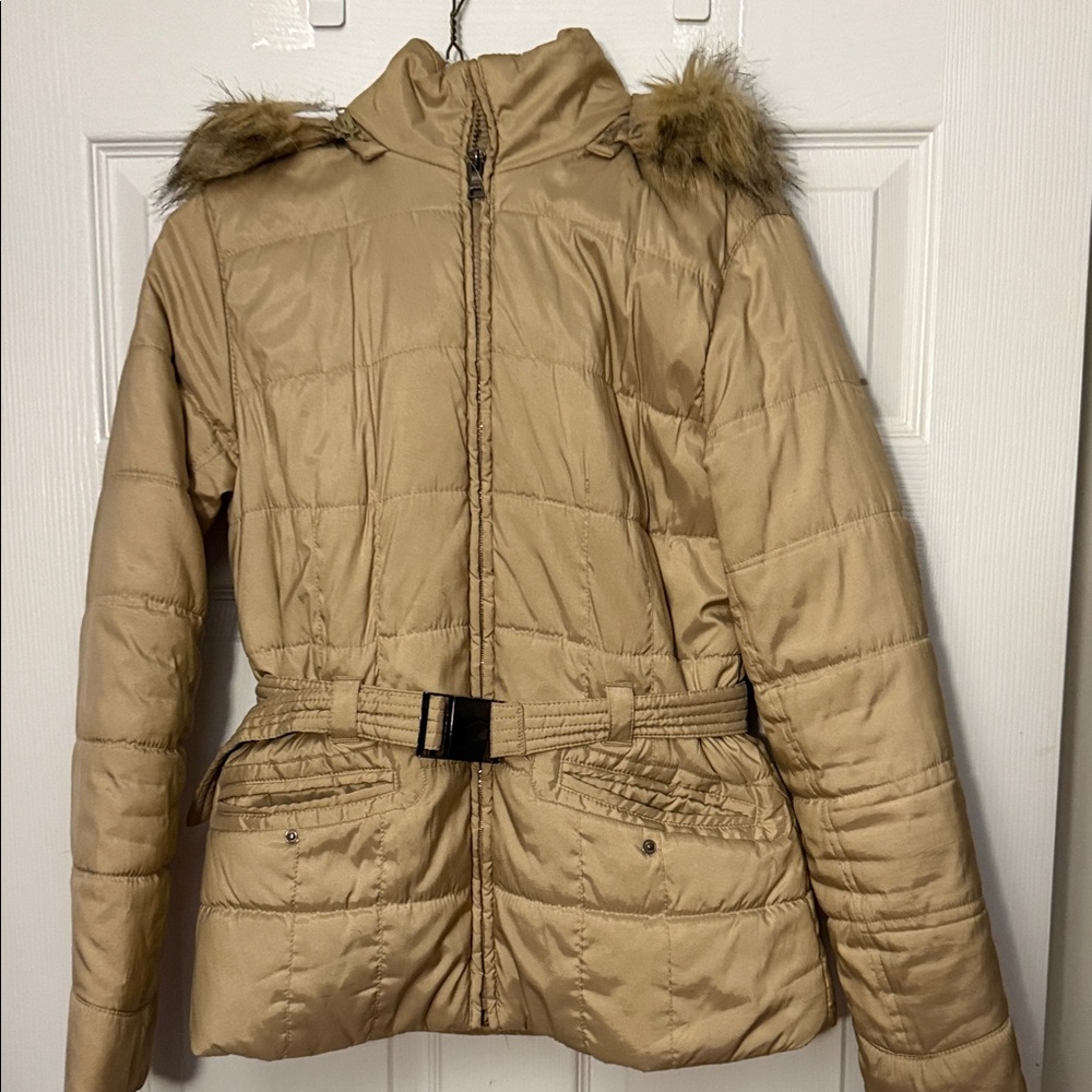 New York and Company Women's Tan Quilted Jacket with Fur Trim & removable hood